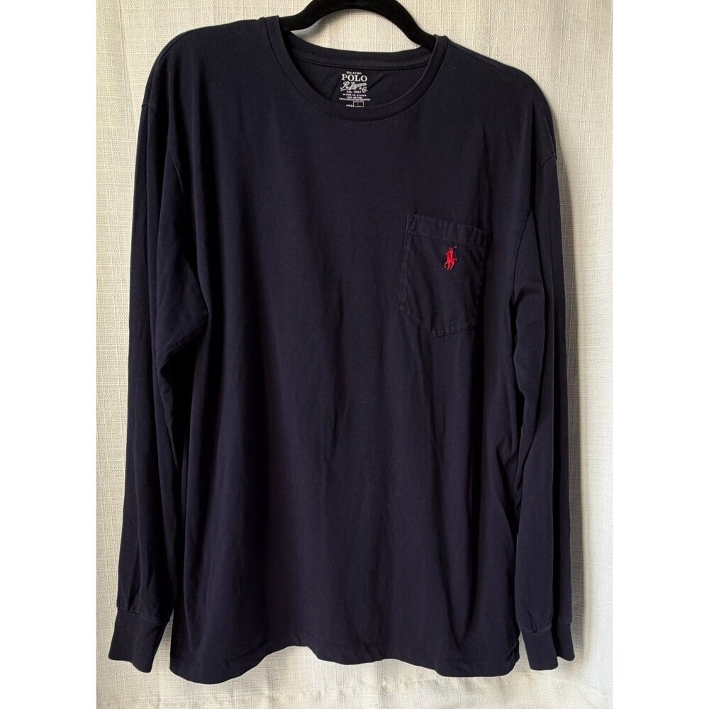 Polo Ralph Lauren Mens Large Navy Blue Long Sleeve Pocket T Shirt Red Pony